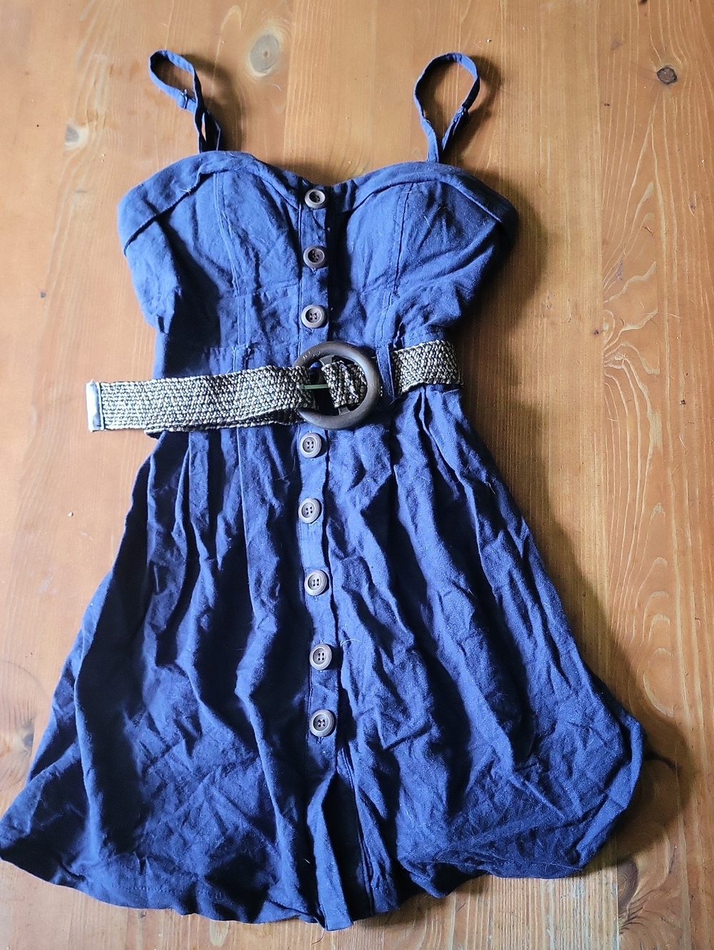 a'gaci Navy Button-Front Mini Dress with Woven Belt